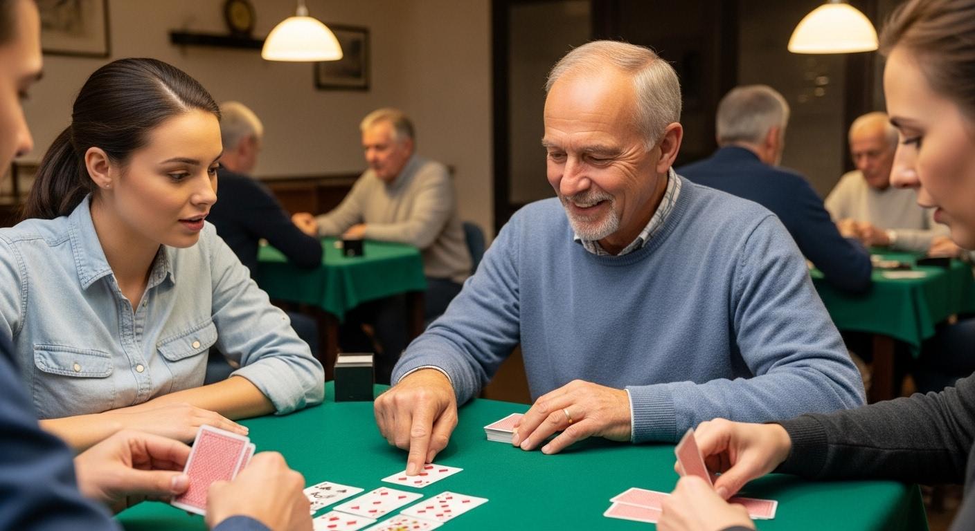 Un joueur débutant et un joueur chevronné côte à côte autour d’une table de bridge, le mentor pointant une carte posée tout en expliquant une stratégie à son partenaire attentif, dans une ambiance conviviale de club.