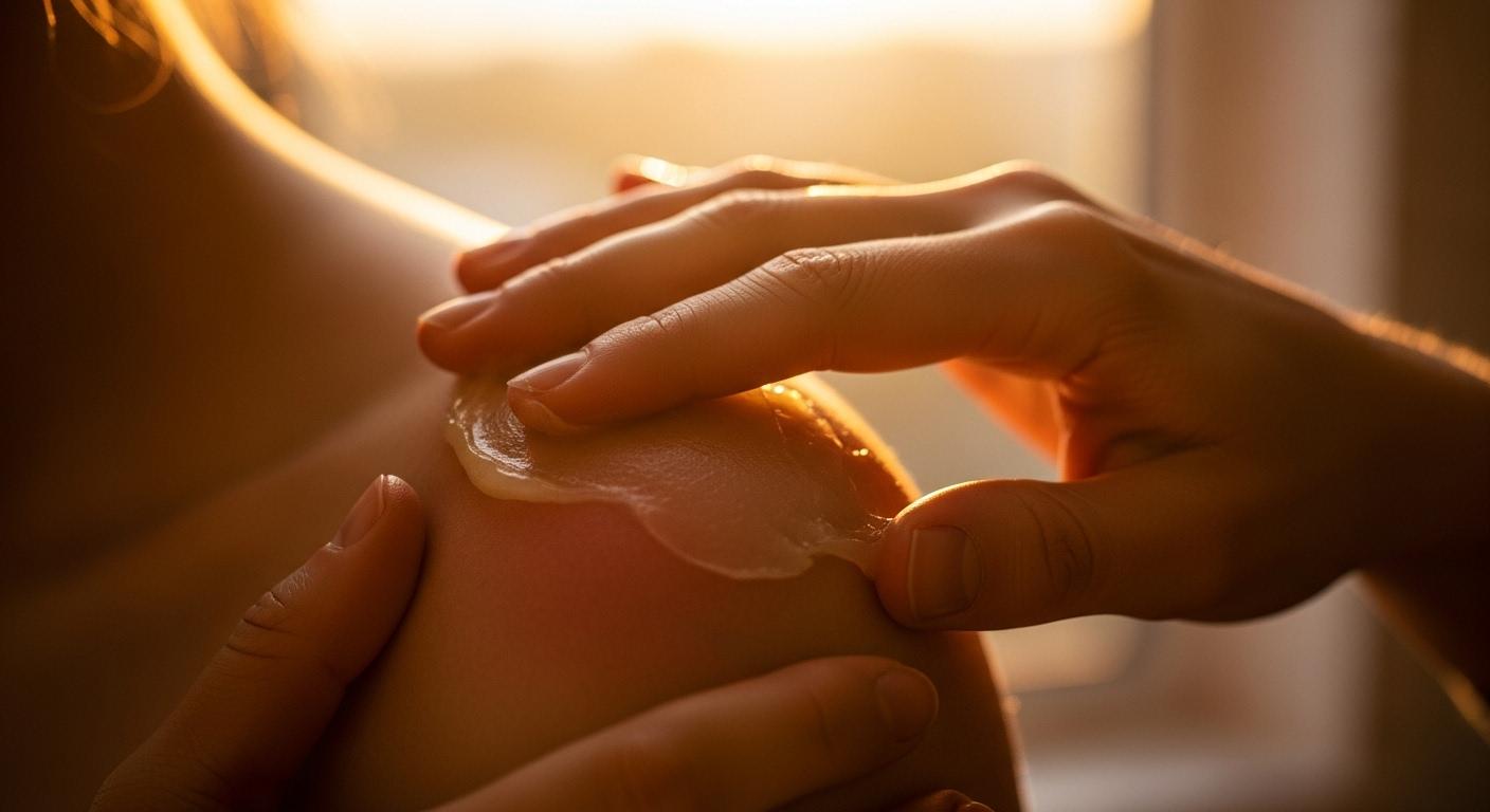 Une main applique un baume onctueux sur une épaule douloureuse, la lumière chaude d’une fin de journée éclaire la scène, créant une impression de soulagement et de détente.