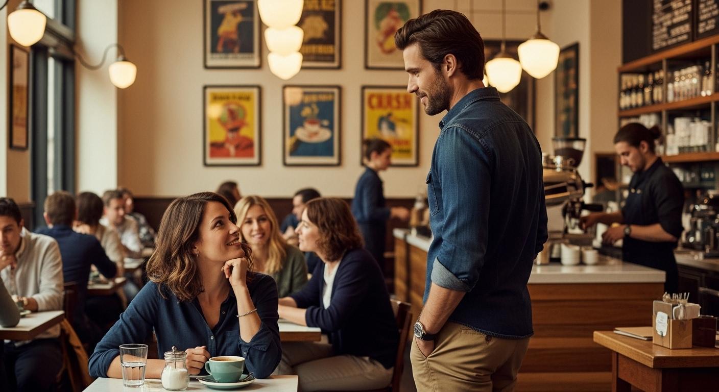 Un homme debout dans un café, les épaules larges et détendues, le dos droit, échangeant un regard assuré avec une femme assise, qui esquisse un sourire intrigué.