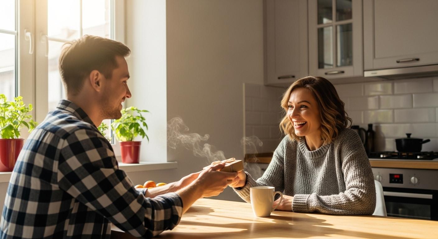 Un couple attablé dans une cuisine lumineuse, l’homme offre un petit cadeau inattendu à sa partenaire qui sourit, une tasse de café fumant sur la table, ambiance chaleureuse et quotidienne.