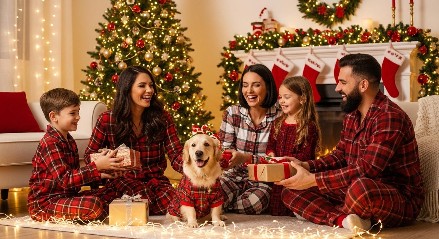 Une famille réunie dans un salon décoré pour Noël, tous en pyjamas assortis, entourés de rires et de guirlandes lumineuses, le sapin illuminé en arrière-plan, y compris un chien portant aussi un petit pyjama festif.