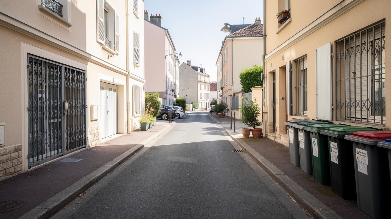 Une ruelle de Villemomble propre et bien entretenue, sans déchets visibles, avec des bacs à ordures bien fermés et des grilles métalliques sécurisant les accès bas des immeubles, illustrant la vigilance collective du quartier.