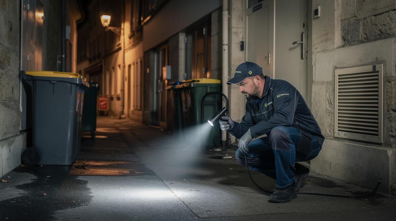Un technicien de dératisation en uniforme, contrôlant minutieusement l'arrière d'un commerce avec lampe torche, inspectant un point stratégique près de la sortie des déchets dans une ruelle de Croissy-sur-Seine.