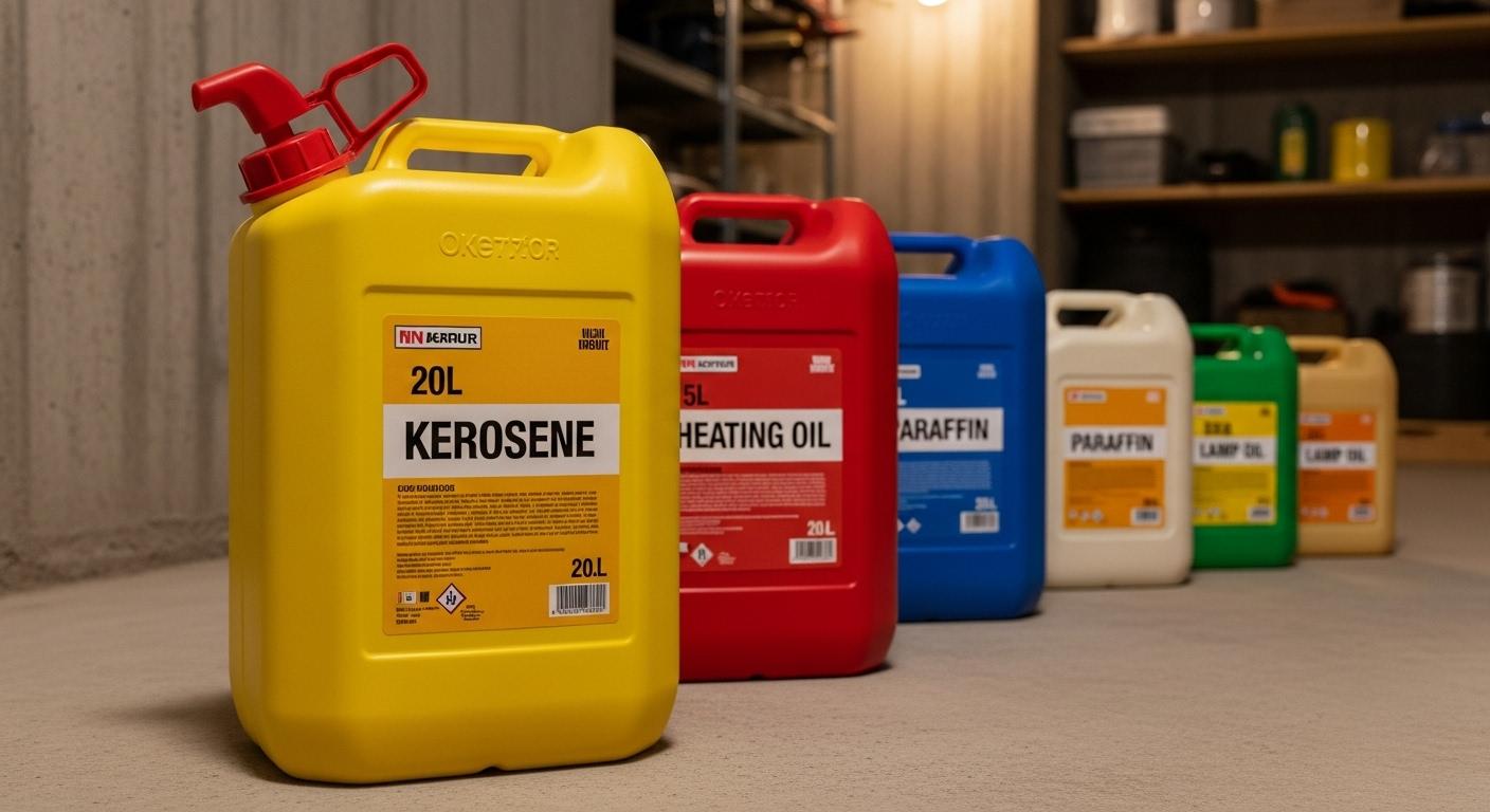 Plusieurs bidons de différentes tailles alignés sur le sol d’un cellier, dans une maison, avec un bidon de 20 litres en avant-plan et des étiquettes bien visibles, montrant la diversité des formats pour le chauffage domestique.