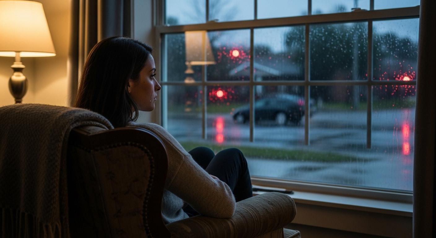 Une femme assise dans un fauteuil, regardant par la fenêtre pendant qu’il pleut, une larme coulant sur sa joue, la lumière tamisée de la pièce accentuant une atmosphère intime et introspective.