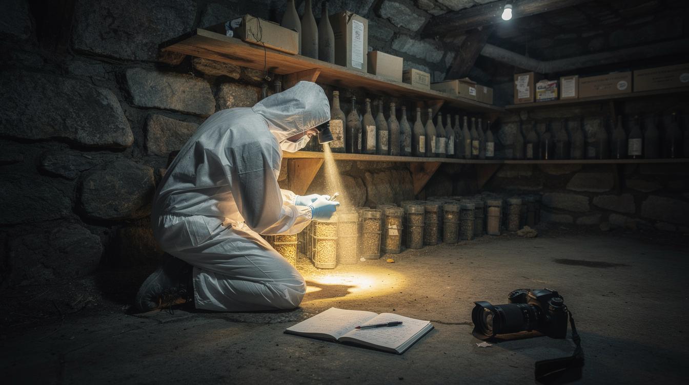 Un technicien en combinaison blanche réalise une inspection minutieuse dans une cave pierreuse éclairée à la lampe, examinant des pièges appâtés alignés sous des étagères, tandis qu'un carnet d'observation et un appareil photo reposent à ses côtés.