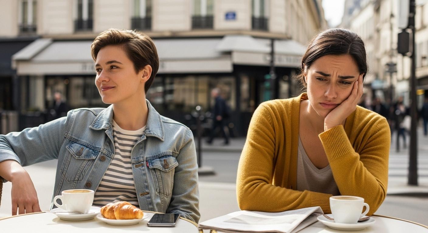 Deux personnes assises à une terrasse de café, l’une esquisse un sourire tout en détournant le regard, l’autre affiche une expression déçue au moment où la mention du copain est évoquée, créant une tension palpable autour de la table.