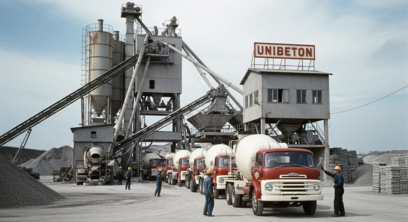 Une ancienne centrale à béton Unibeton en activité dans les années 1960, avec des ouvriers en combinaison de travail, des camions toupies alignés et un panneau d’époque affichant le logo de la marque