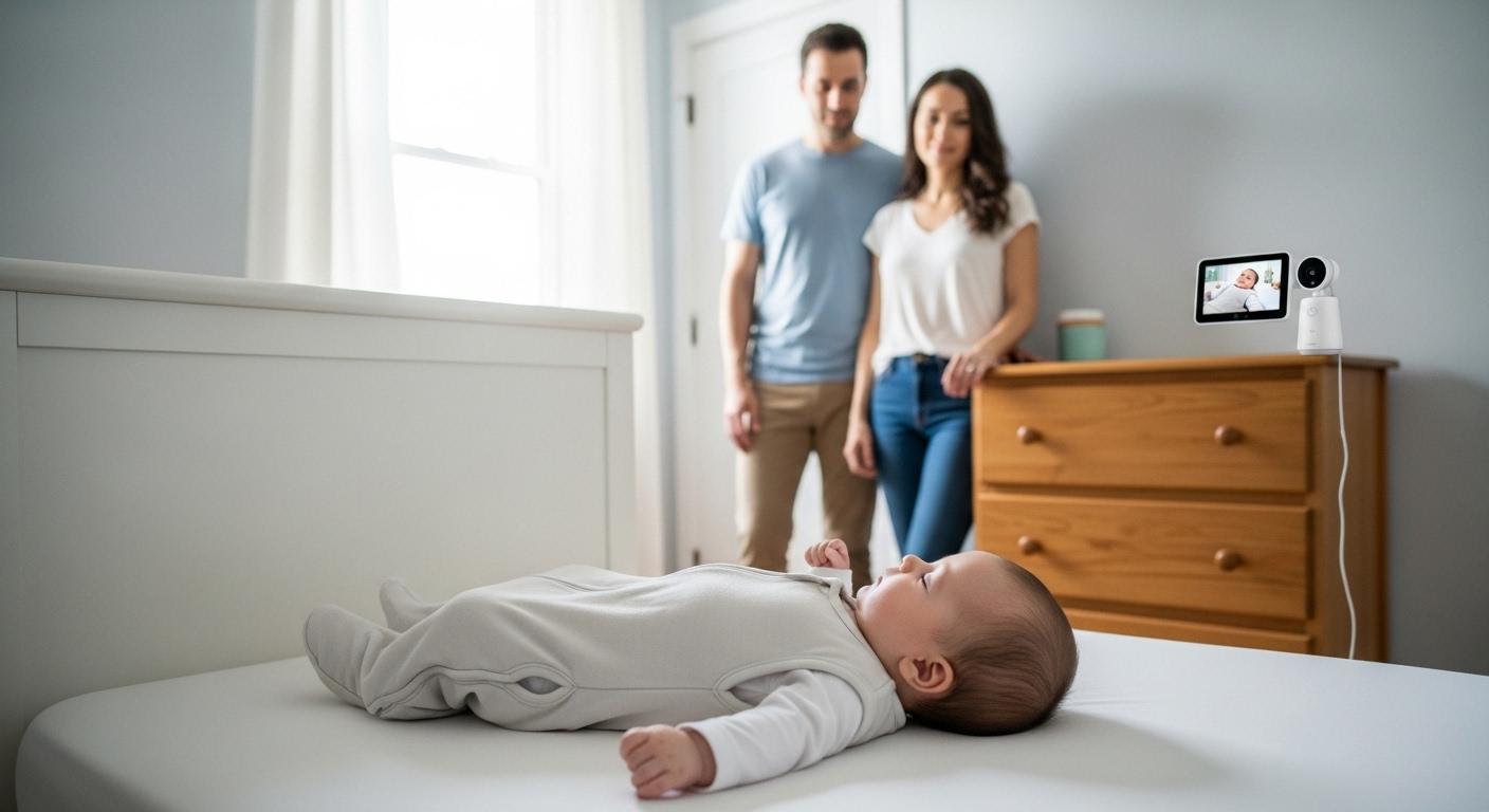 Un nourrisson paisiblement allongé sur un matelas ferme dans une chambre épurée, sans aucun objet mou ni couverture, sous le regard attentif et rassuré de ses parents qui surveillent à distance grâce à un babyphone posé sur une commode