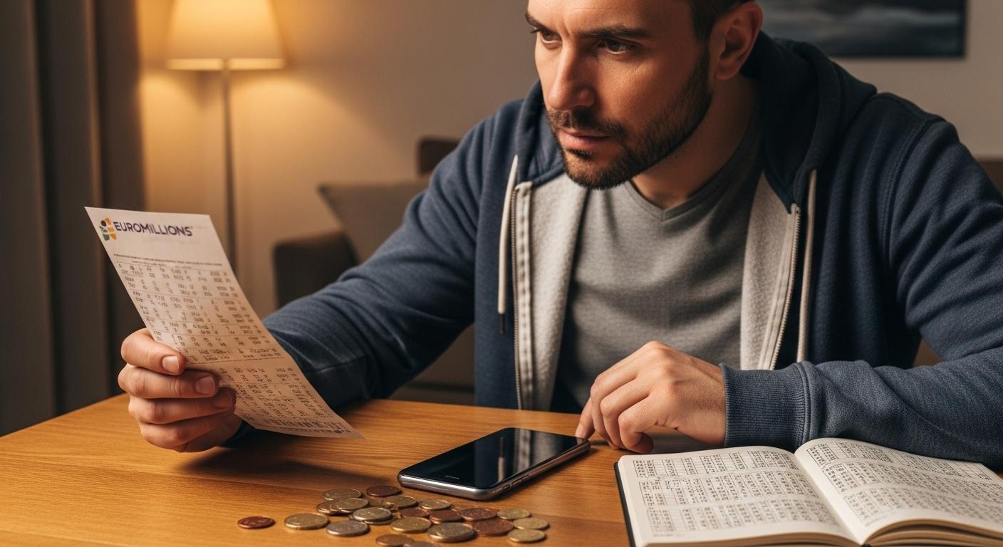 Un homme observe son ticket Euromillions et son smartphone posé sur une table, entouré de quelques pièces de monnaie et d’un carnet où il a noté d’anciennes combinaisons, l’air à la fois songeur et plein d’espoir.