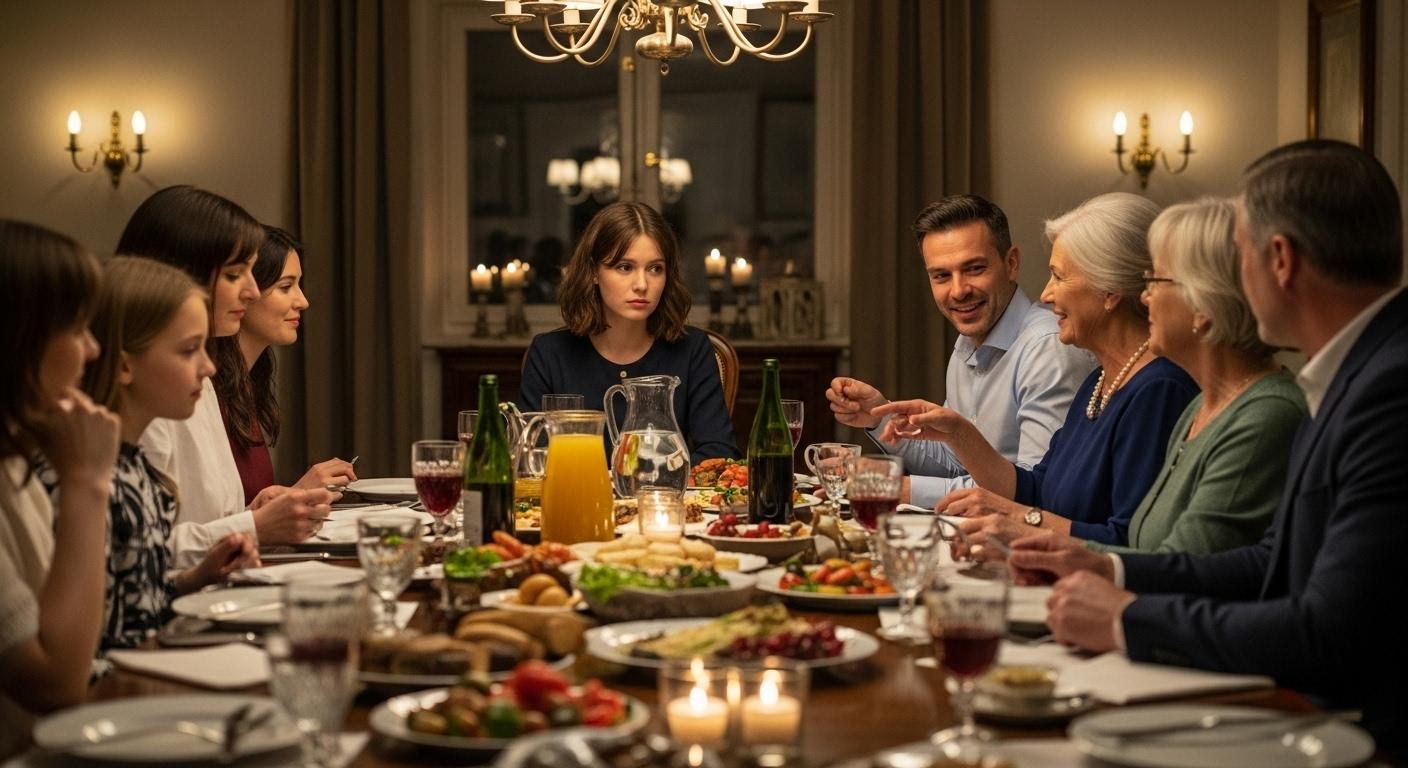Une longue table dressée pour une fête familiale traditionnelle, où une jeune femme regarde son mari discuter avec sa mère, l’air délaissée et isolée au bout de la table.