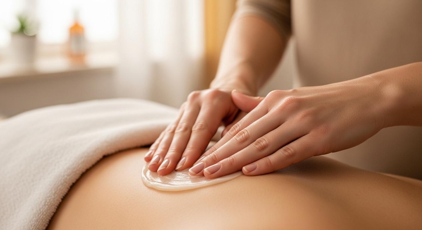 Une main masse doucement une noisette de baume sur le bas du dos d'une personne, la peau légèrement rougie par la chaleur, dans une pièce lumineuse et apaisante.