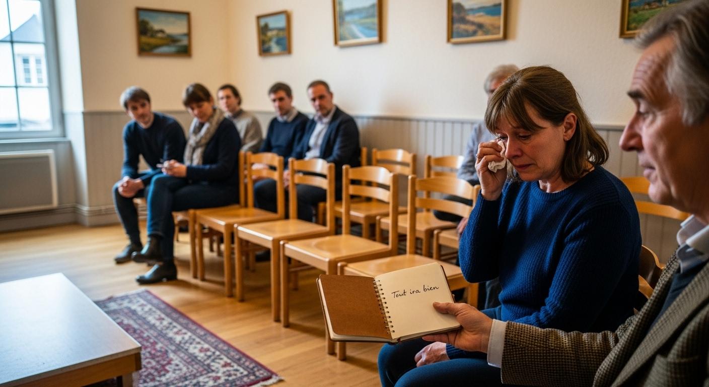Une petite salle à Quimper, éclairée par une lumière douce, des chaises alignées, des personnes assises attentives, une femme émue essuie une larme tandis qu’un homme lui tend un carnet où est inscrite une phrase rassurante.