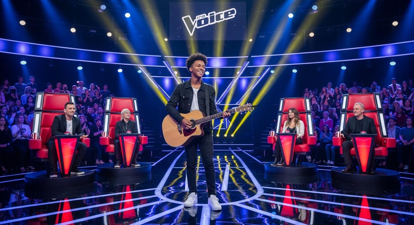 Kendji Girac jeune, guitare à la main, sur le plateau lumineux de The Voice, entouré du jury attentif et d’un public enthousiaste, affichant un sourire sincère et une énergie communicative.