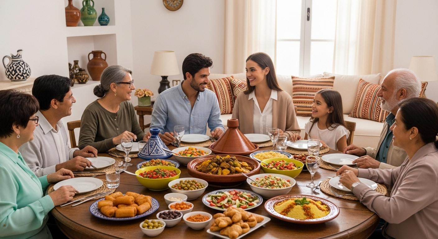 Une jeune femme assise autour d’une table avec la famille de son compagnon tunisien, tous sourient et partagent un repas traditionnel dans un salon lumineux, des plats tunisiens colorés sont posés sur la table, l’ambiance est chaleureuse et respectueuse.