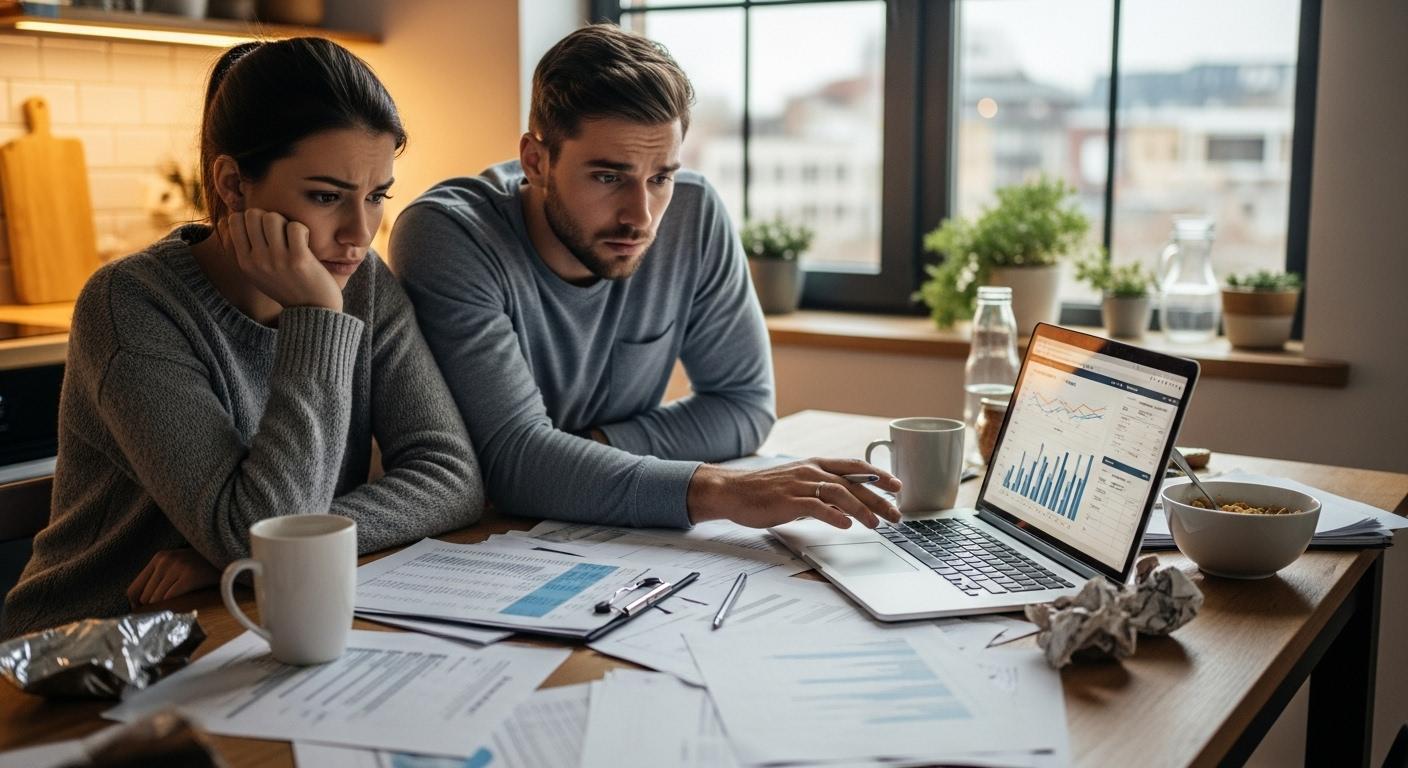 Un jeune couple assis à une table de cuisine, entouré de papiers et d’un ordinateur portable, affichant des visages inquiets en consultant leur budget pour l’achat d’un appartement.