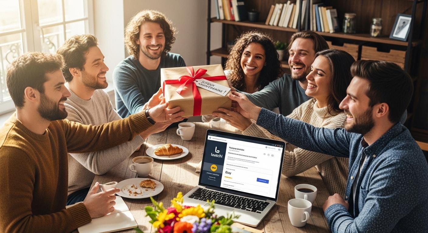 Un groupe d’amis réunis autour d’une table, souriants, tenant un cadeau commun acheté avec une cagnotte Leetchi, tandis que l’ordinateur portable ouvert montre la page de paiement chez un partenaire en ligne.