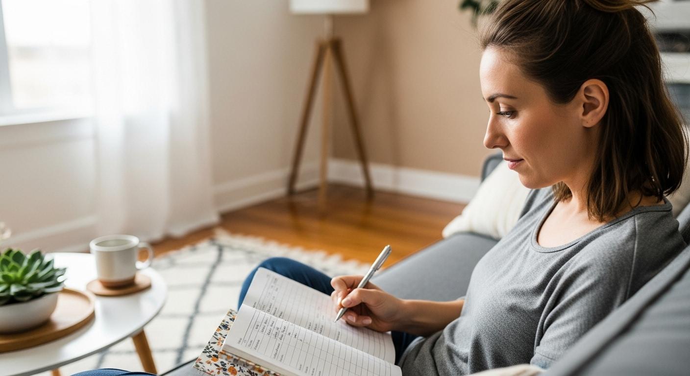 Une femme assise dans un salon lumineux, un carnet ouvert sur ses genoux, notant soigneusement les dates de ses saignements, l’air concentré et un stylo à la main.