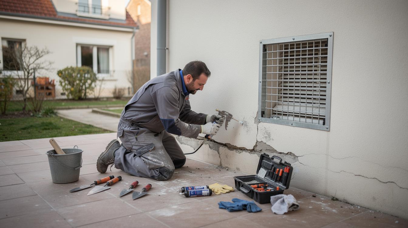 Un technicien en combinaison professionnelle rebouche avec soin une fissure à la base d’un mur extérieur, tandis qu’une grille métallique solide est installée sur une bouche d’aération voisine. De l’outillage et des produits d’obturation sont posés au sol, la scène se déroule dans une cour de pavillon typique de Saint-Brice-sous-Forêt.