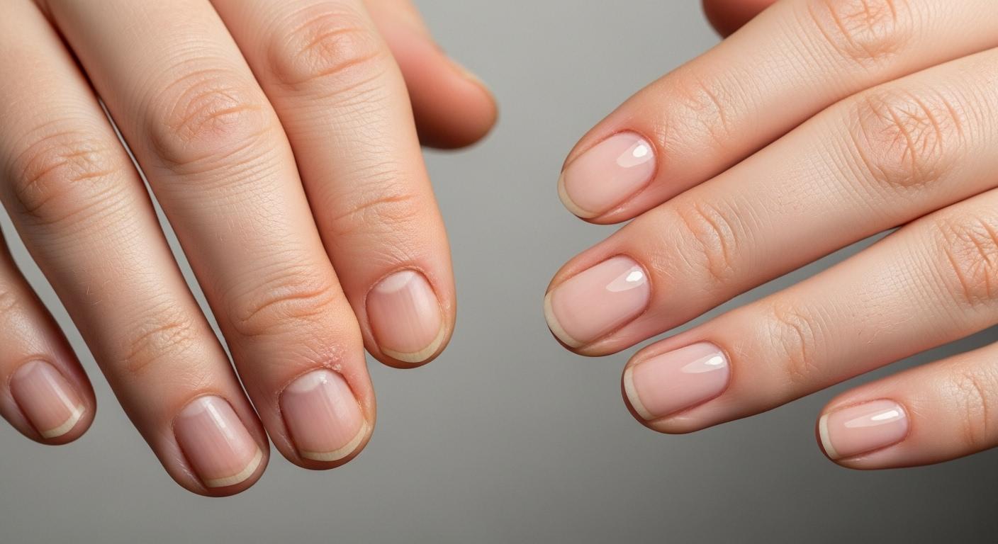 Gros plan sur deux mains féminines, l’une montrant des ongles cassants et dédoublés, l’autre exhibant des ongles lisses, brillants et parfaitement soignés après application d’huile de ricin.