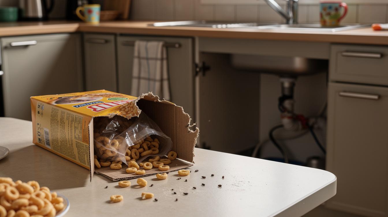 Un plan rapproché sur une cuisine familiale de Lognes, un paquet de céréales éventré sur la table, des crottes de rongeurs éparpillées et un fil électrique rongé visible sous l'évier.
