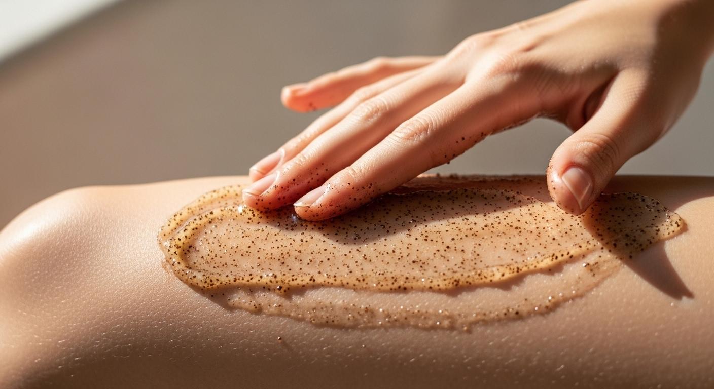 Une main applique un mélange de marc de café et d'huile de coco sur la peau d'une cuisse, la texture du gommage est bien visible, la lumière naturelle illumine la scène dans une salle de bain.