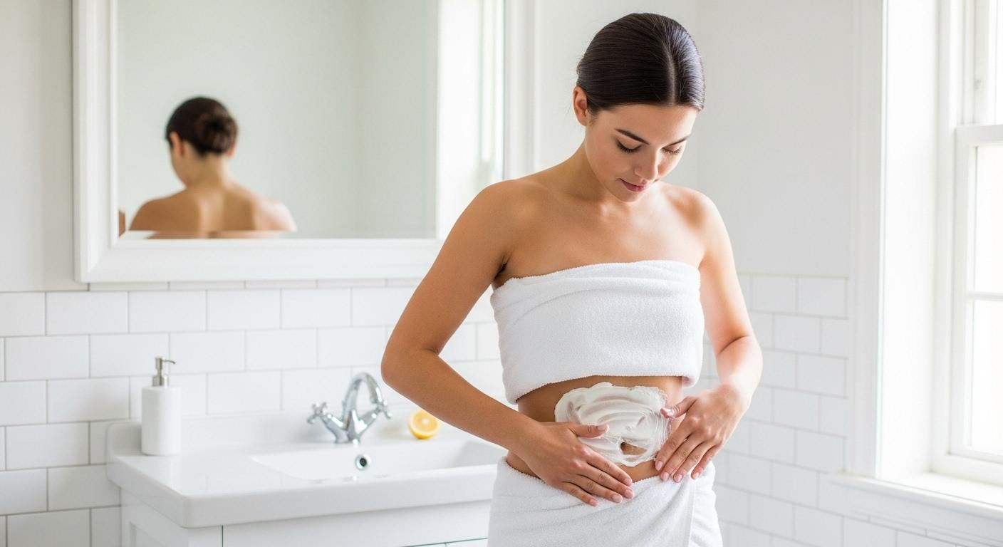 Une femme applique une fine couche de yaourt nature mélangé à du jus de citron sur son ventre, dans une salle de bain lumineuse, une serviette blanche enroulée autour de la taille.