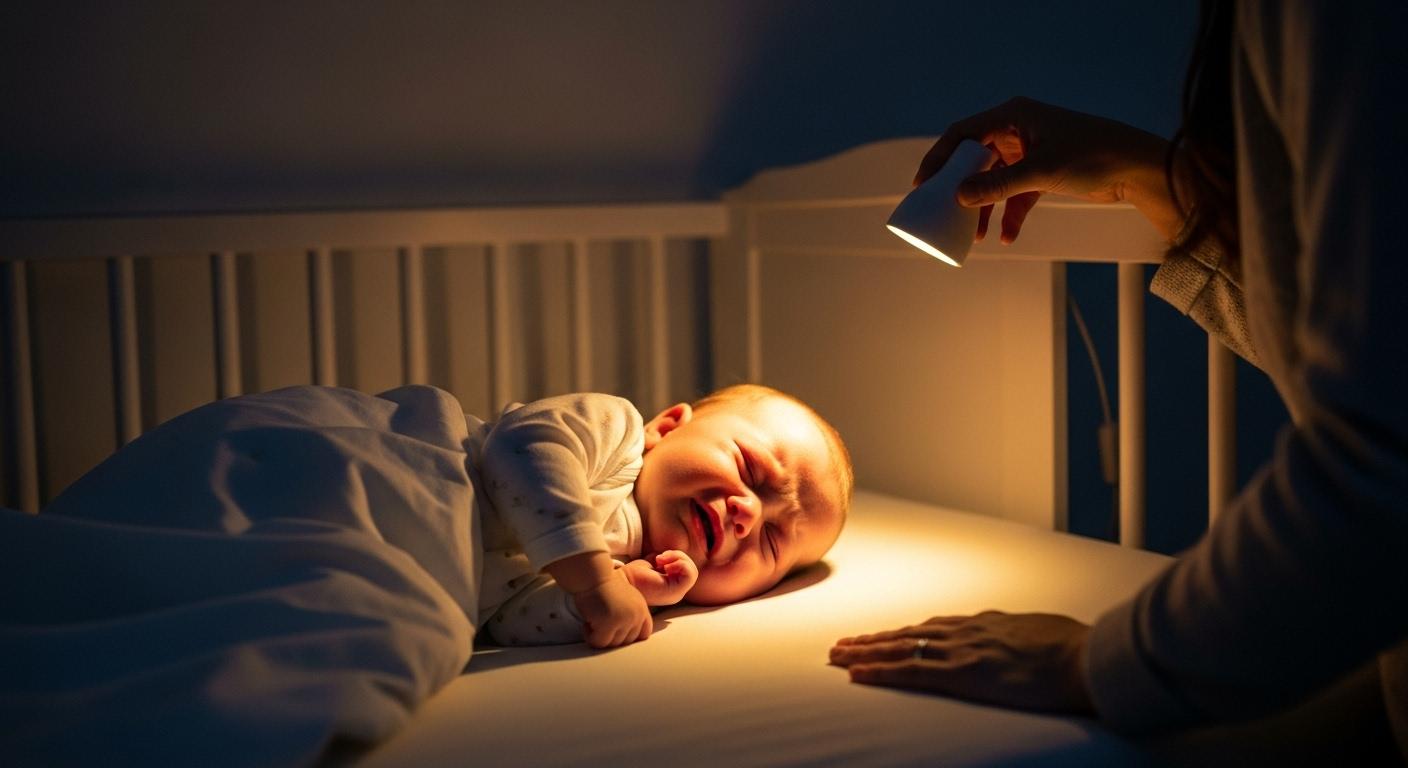 Un nourrisson d’un mois, recroquevillé dans son berceau en pleine nuit tandis qu’un parent vigilant ajuste doucement une veilleuse dans une chambre paisible, la lumière douce révélant le visage crispé du bébé qui se remet d’une crise de larmes
