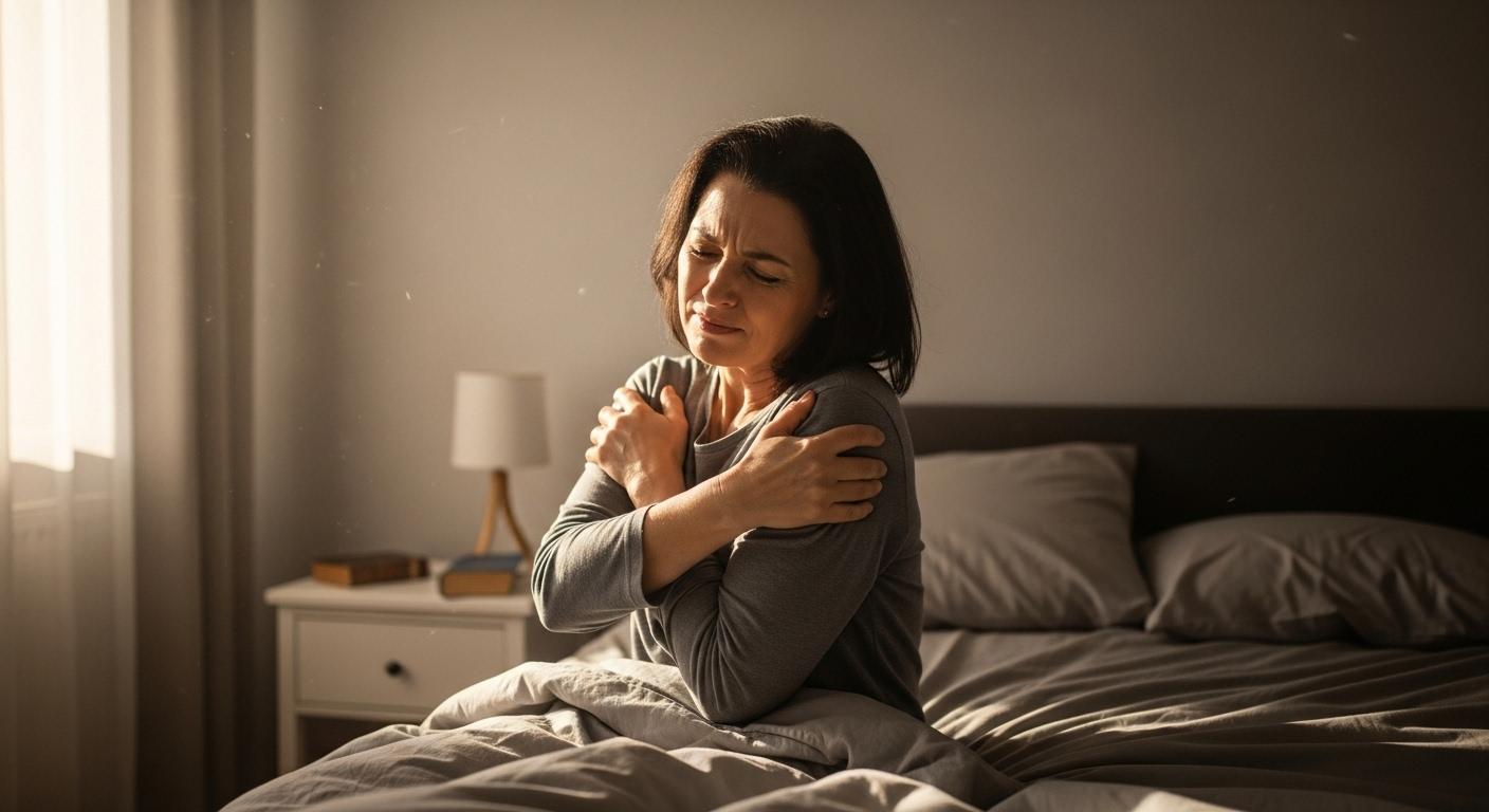 Une femme d'âge moyen se masse l'épaule sur le bord de son lit au petit matin, le visage marqué par une grimace de douleur, dans une chambre baignée par la lumière douce du jour naissant.