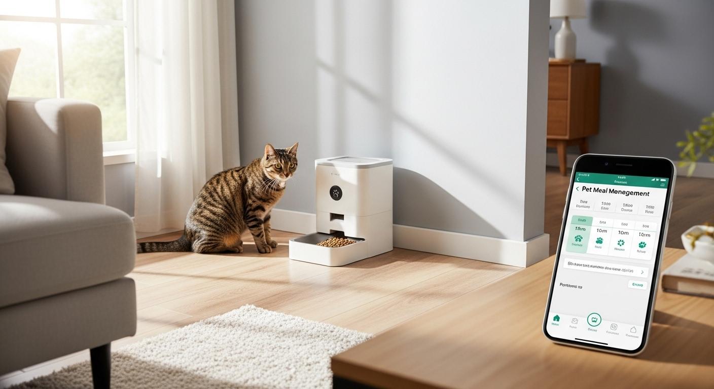 Dans un salon lumineux, un distributeur automatique de nourriture pour animaux est posé près d'un mur, un chat tigré l'observe avec curiosité tandis qu'un smartphone posé sur la table affiche une application de gestion des repas.