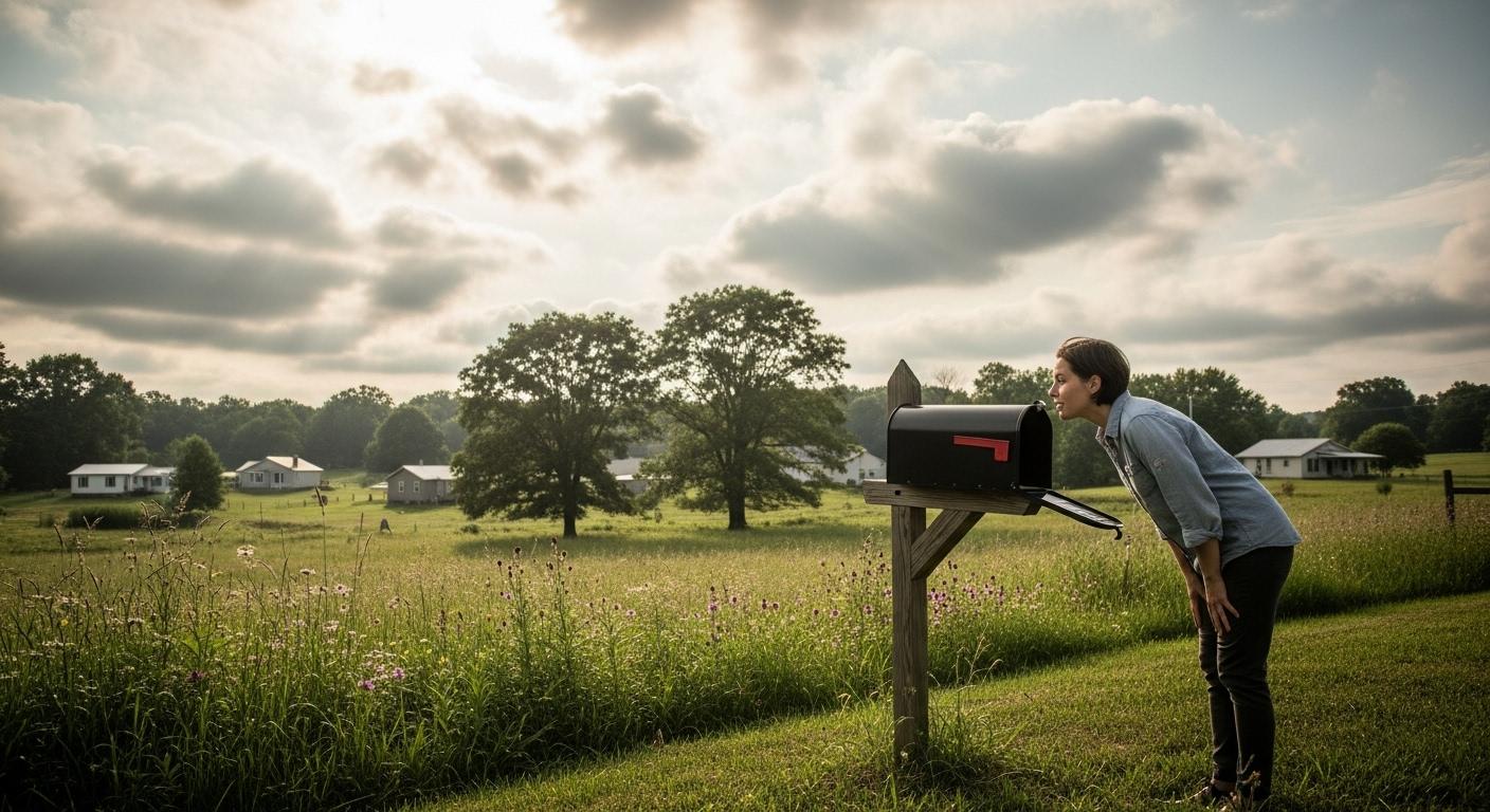 Une personne debout devant sa boîte aux lettres dans une zone rurale, regardant à l’intérieur avec espoir, sous un ciel légèrement nuageux, entourée de verdure et de quelques maisons éloignées.