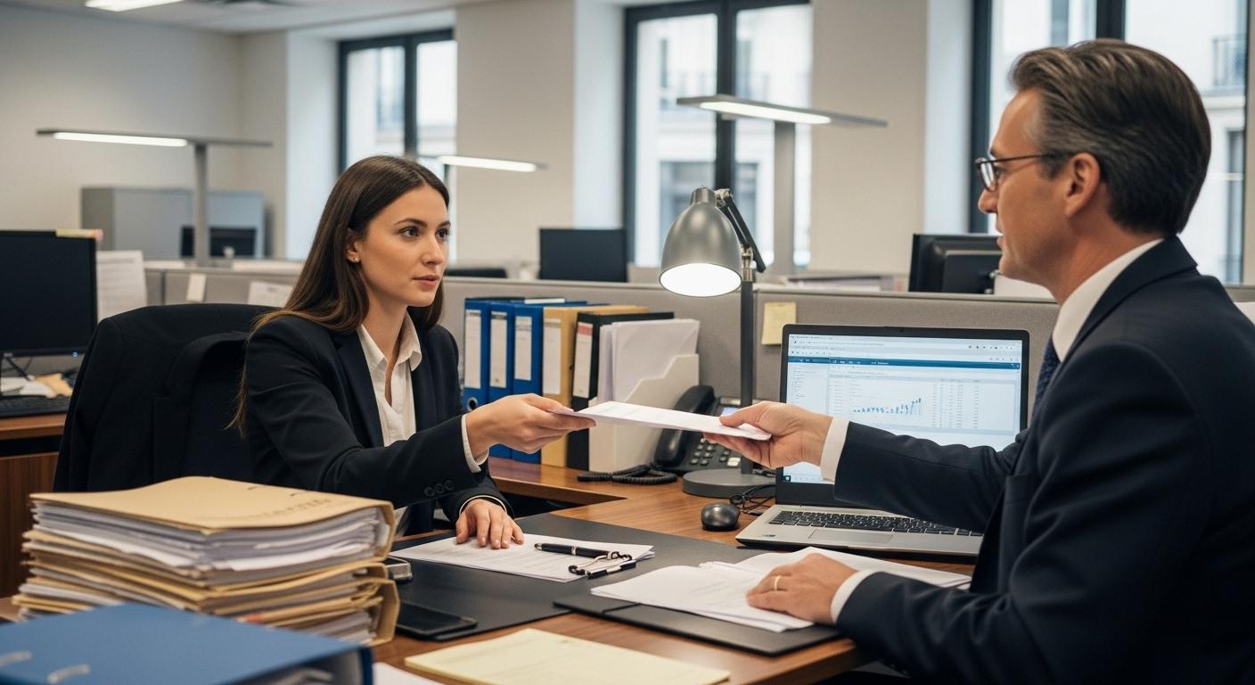 Une employée de banque transmet des documents à la Banque de France, assise à son bureau, entourée de dossiers et d’un ordinateur, dans un décor de bureau sobre et professionnel.