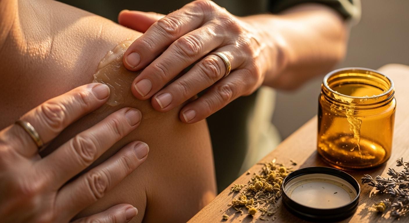 Une main âgée applique délicatement un baume sur une épaule, la lumière du matin illumine la peau ridée, un pot ouvert de baume naturel posé à côté, créant une scène de soin et d'apaisement chez soi.