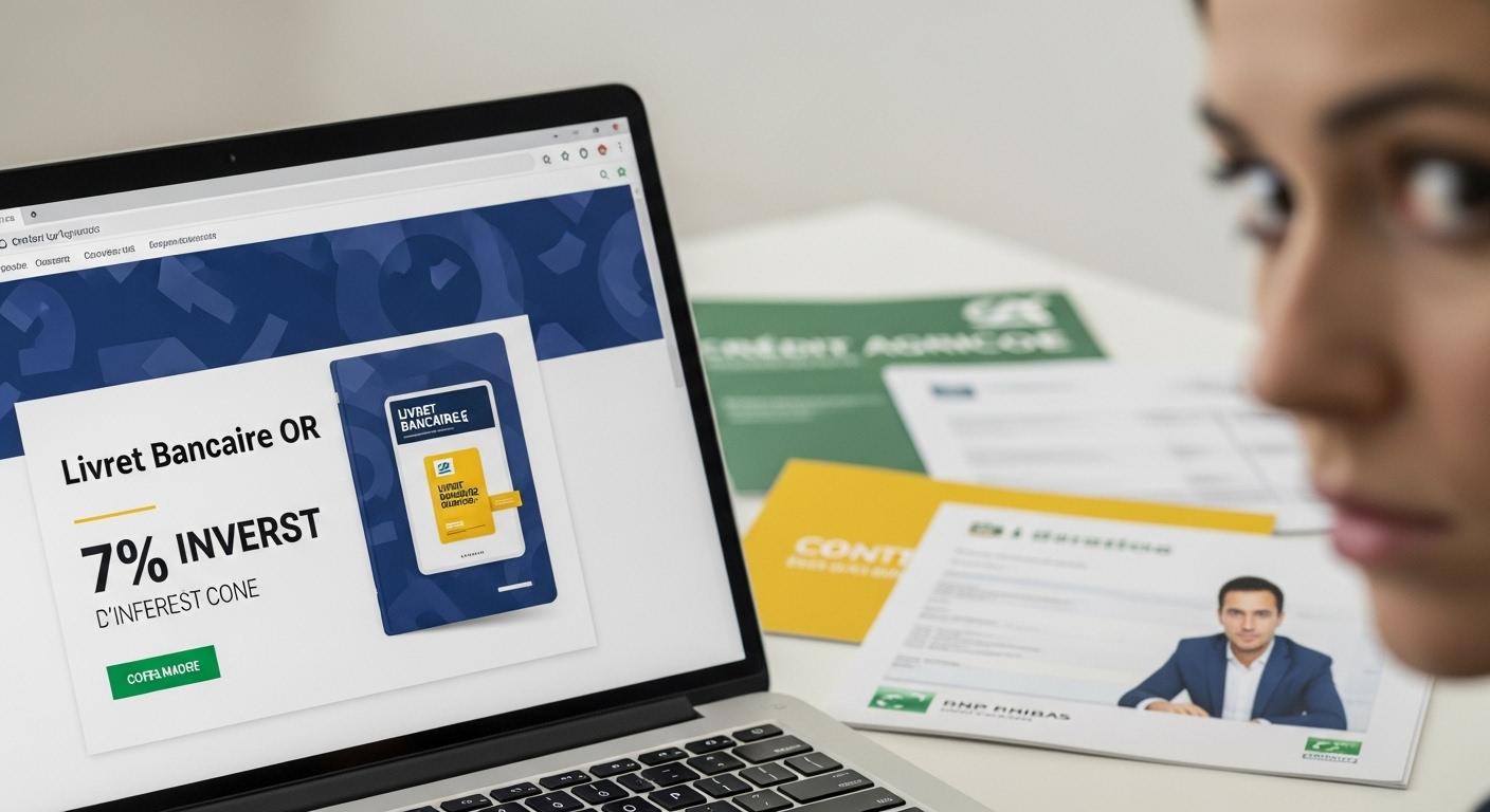 Un ordinateur portable ouvert sur une page d'un site web promettant un livret bancaire or à 7 %, avec en arrière-plan des documents bancaires classiques comme ceux du Crédit Agricole ou de BNP Paribas, et un air de méfiance sur le visage de l'utilisateur consultant l'offre.
