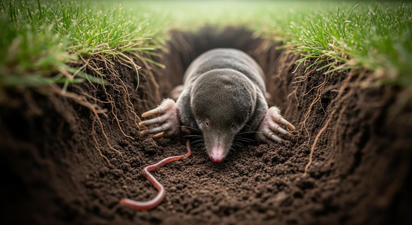Une taupe au pelage sombre creuse une galerie humide sous une pelouse, éclairée par la lueur diffuse du matin, entourée de terre fraîchement retournée et de vers de terre visibles