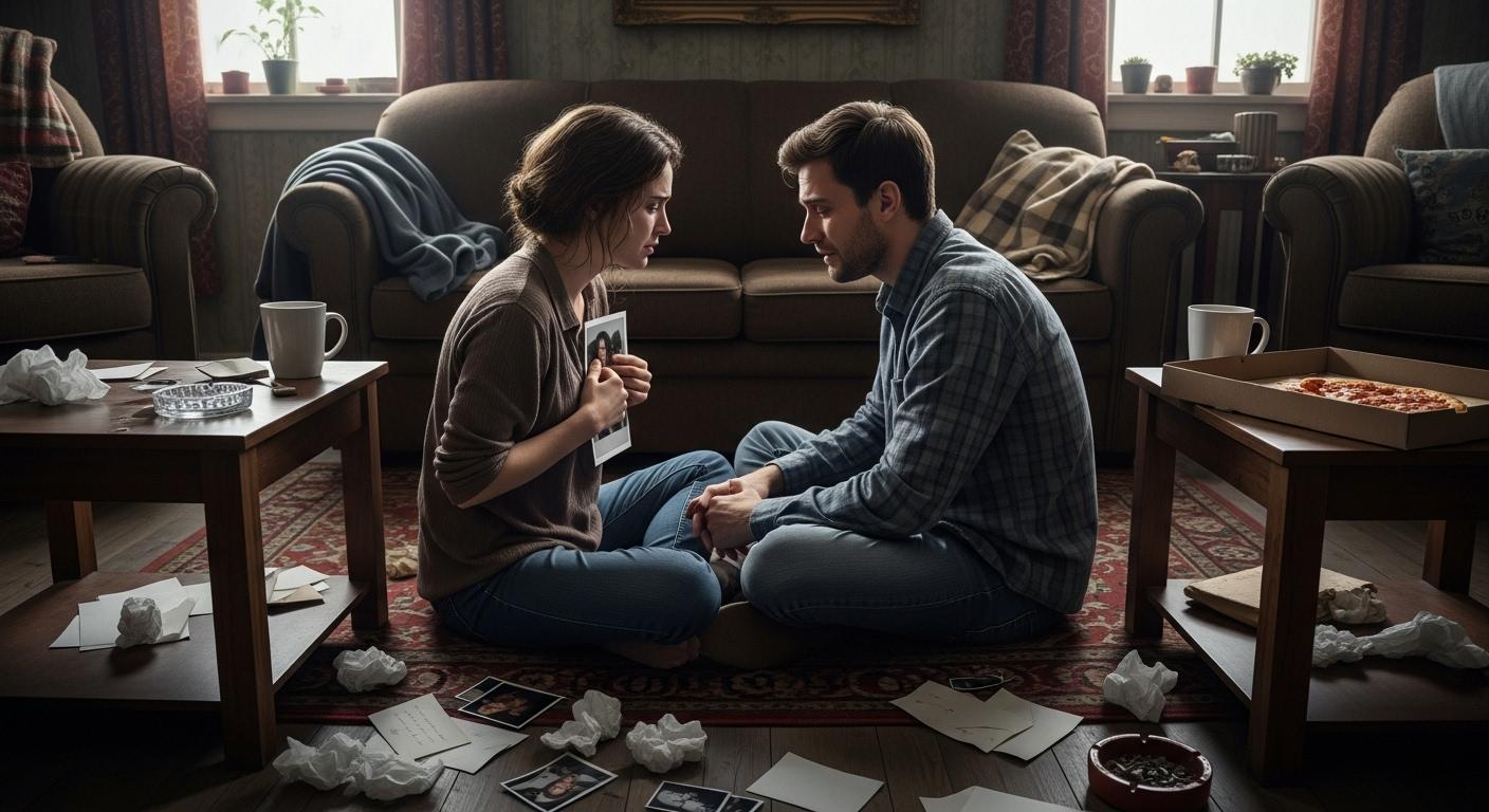 Un couple assis face à face dans un salon en désordre, les yeux humides, entourés de lettres déchirées et de photos, illustrant la crise émotionnelle d’une relation intense