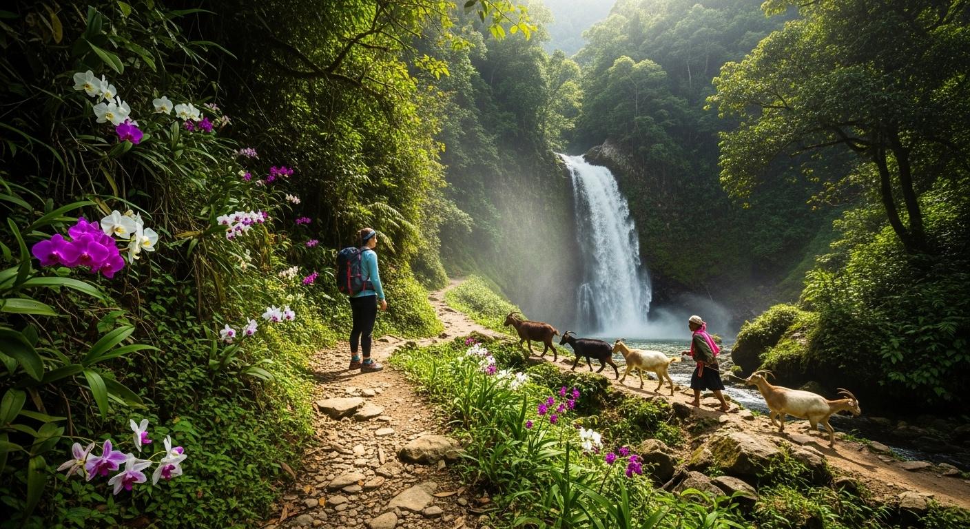 Sentier de randonnée dans la montagne, végétation luxuriante, orchidées sauvages, un randonneur croise un paysan guidant un troupeau devant une cascade