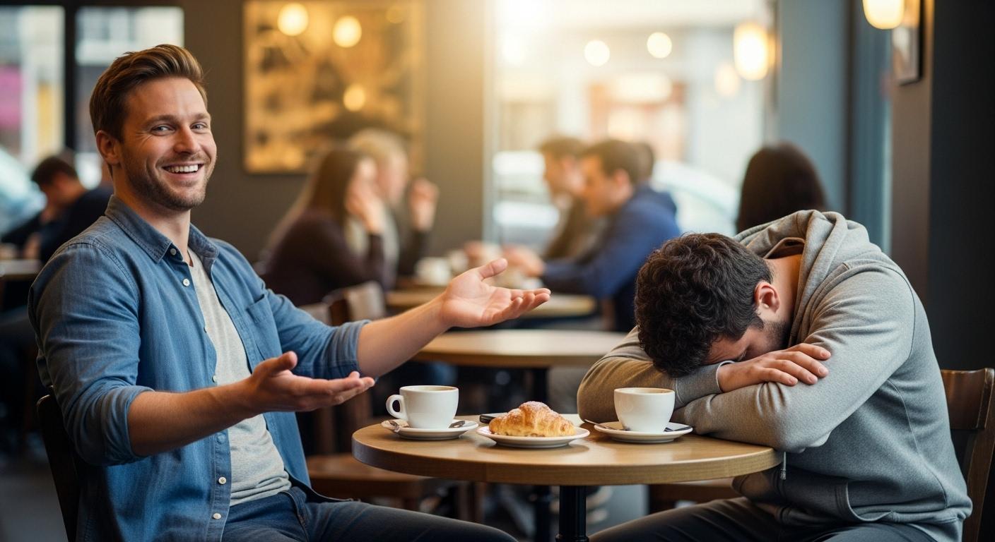 Deux hommes discutent dans un café animé, l'un souriant et détendu après un refus d'une femme, l'autre visiblement abattu et replié sur lui-même, illustrant la différence de réactions face à une situation identique.