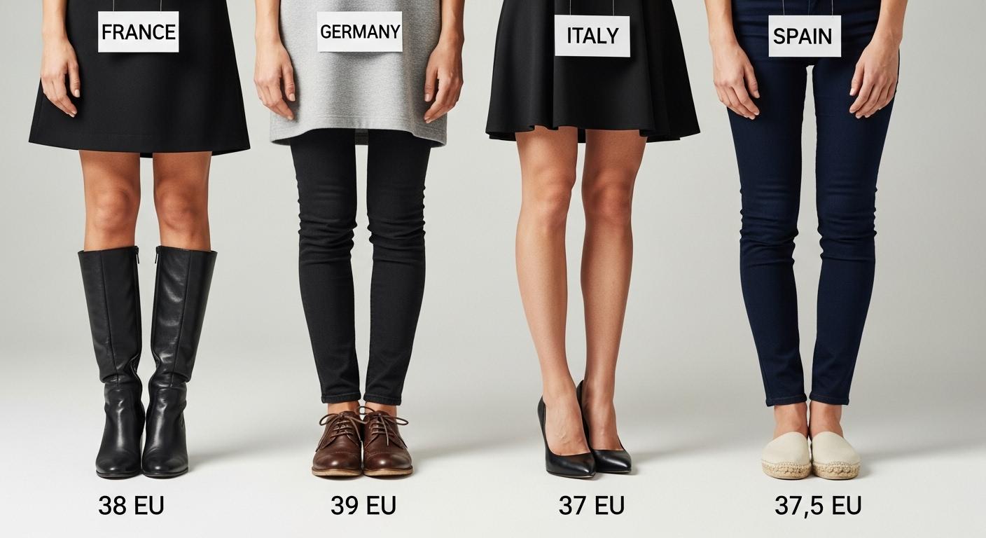 Quatre femmes de différents pays européens debout côte à côte, chacune portant des chaussures de tailles légèrement différentes, illustrant la diversité des pointures moyennes en France, Allemagne, Italie et Espagne.