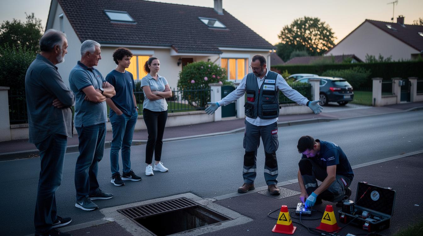 Un petit groupe d’habitants d’un quartier pavillonnaire de Mareil-Marly, réunis en début de soirée devant une maison, discutent avec un expert de la dératisation tout en observant une intervention préventive sur une bouche d’égout.