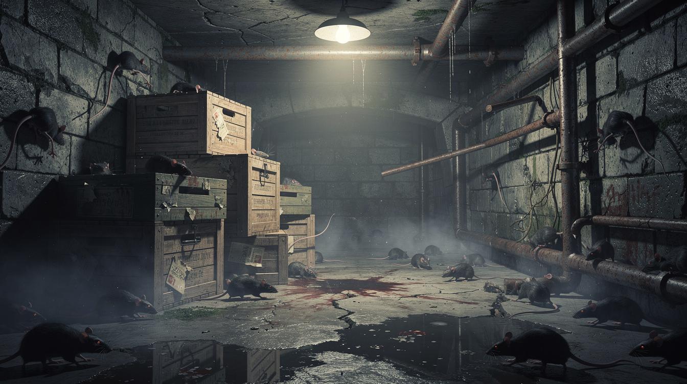 Une cave sombre et humide à Garches, avec des ombres de rats se faufilant autour de vieilles caisses empilées et de tuyaux, illustrant l'invasion nocturne.