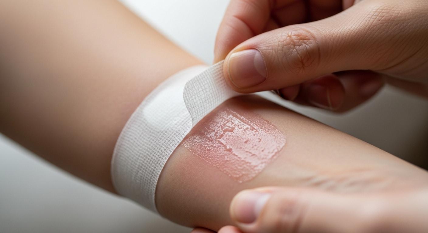Une main d'adulte retire délicatement un pansement blanc sur la peau légèrement rouge d'un avant-bras, avec des résidus collants visibles sur la peau.