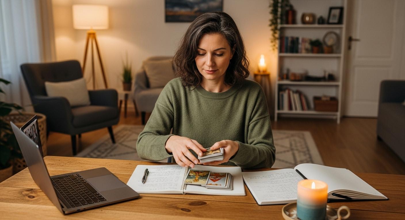 Une femme d'une quarantaine d'années, devant une table, mélange doucement un jeu de tarot dans un salon chaleureux, des carnets ouverts à côté, un ordinateur portable allumé affichant une vidéo en direct.