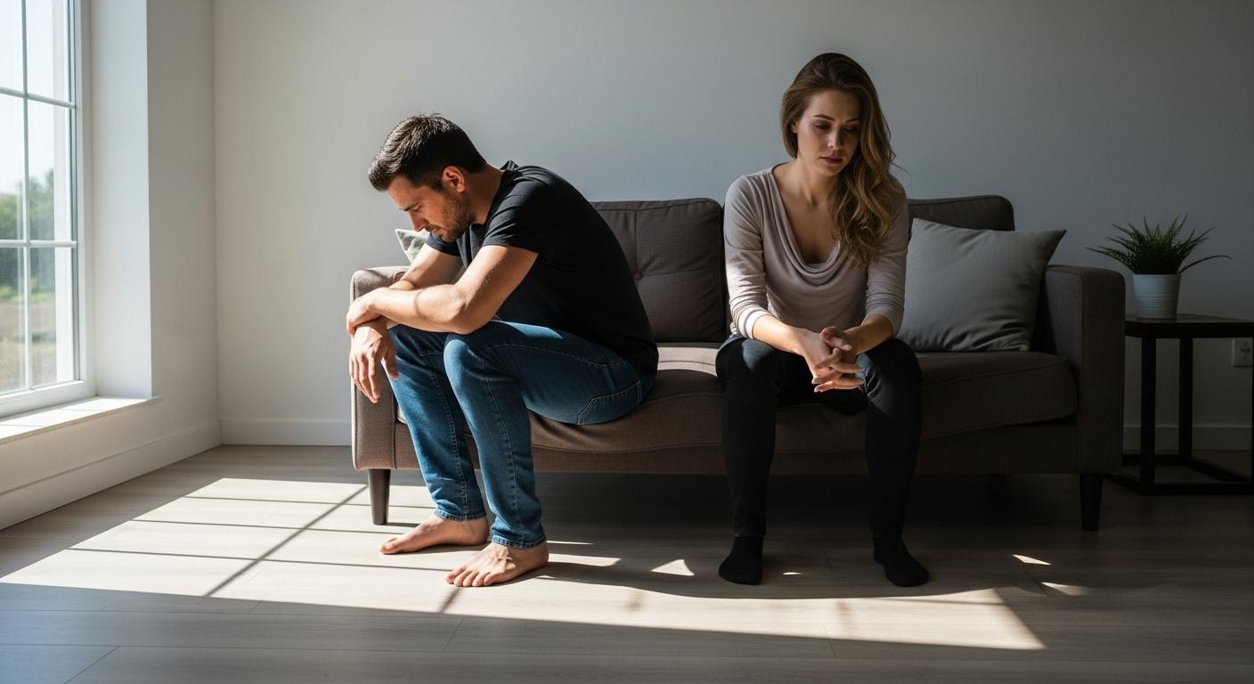 Un couple assis côte à côte, chacun perdu dans ses pensées, le regard tourné vers le sol dans une pièce lumineuse, symbolisant l’isolement et le silence après une fausse couche.