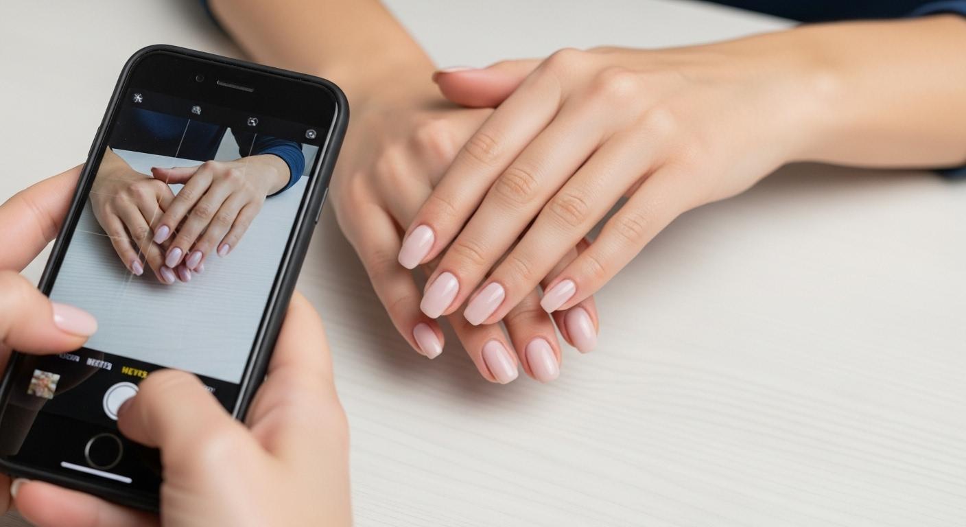 Une jeune femme prend une photo de ses mains au-dessus d’une table en bois clair, affichant fièrement ses ongles soignés et brillants, son smartphone capturant le résultat après plusieurs semaines de cure à l’huile de ricin.