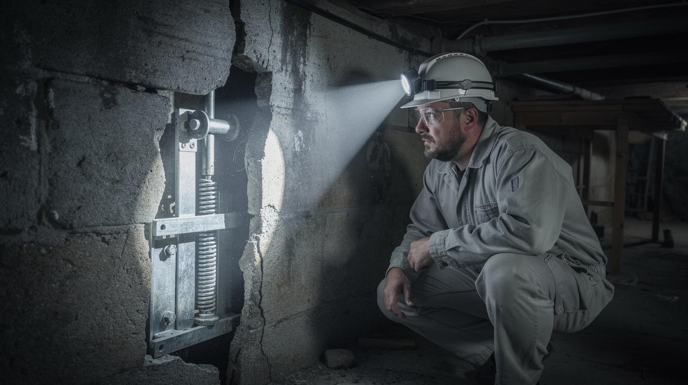Un professionnel en combinaison inspectant à la lampe torche une cave sombre, près d'une fissure dissimulant un piège mécanique neuf et sécurisé
