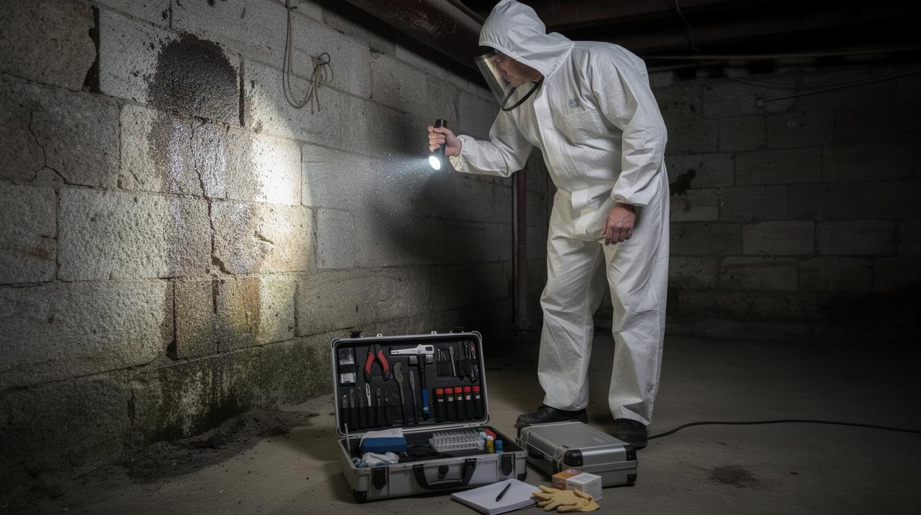 Scène montrant un professionnel en combinaison sur place dans une vieille cave, lampe torche à la main, examinant minutieusement une trace sombre sur un mur en pierre, avec son matériel d'intervention posé à ses pieds.