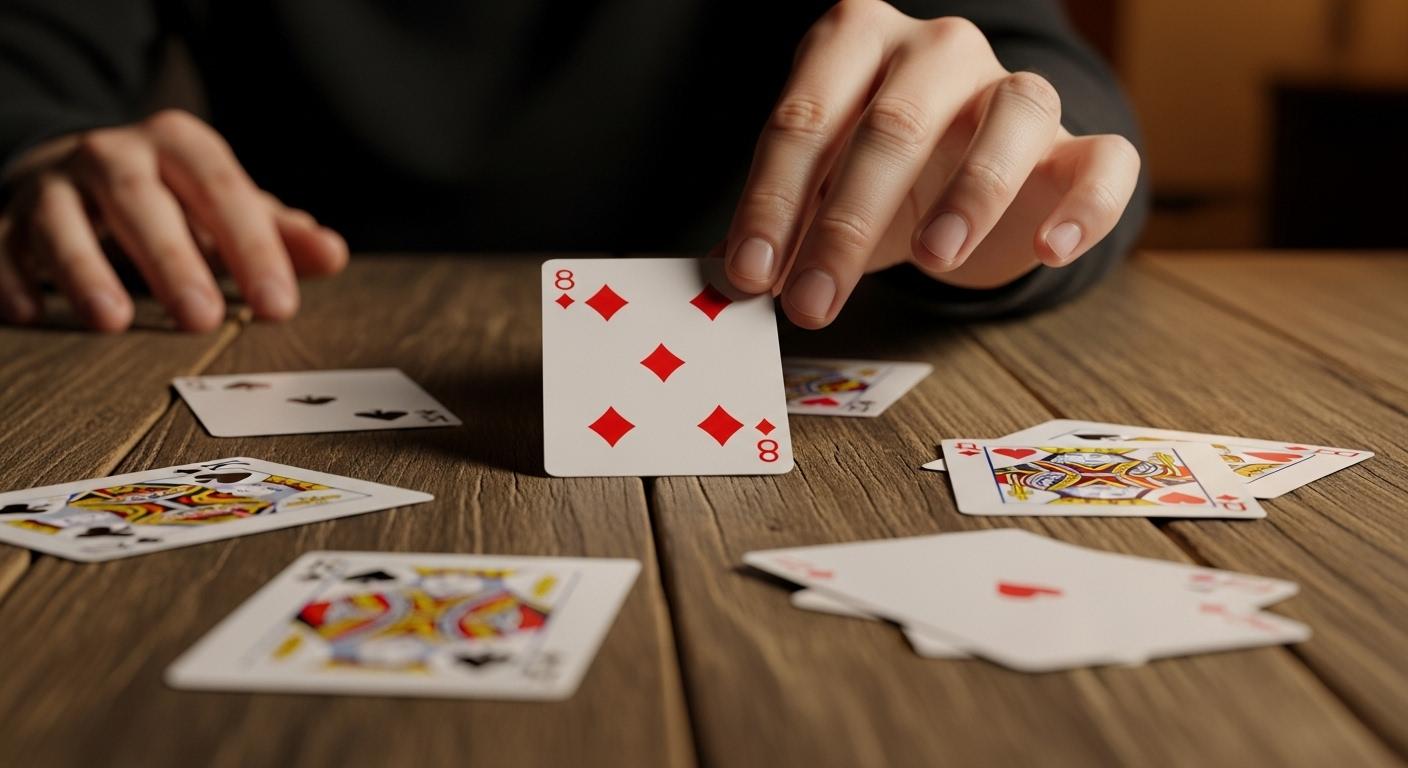 Une main concentrée pose délicatement un 8 de carreau bien visible au centre d’une table en bois, entourée d’autres cartes légèrement éparpillées, dans une ambiance feutrée de salon.