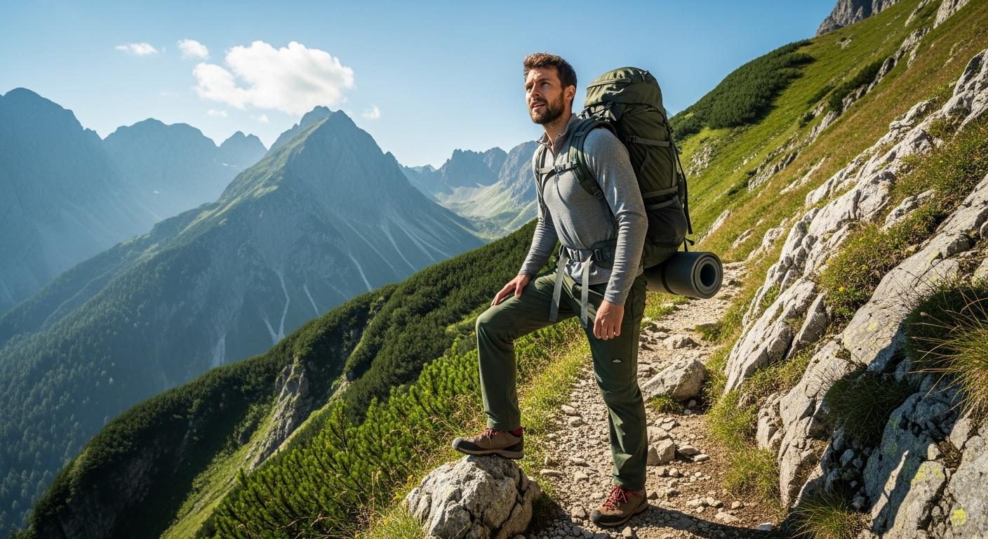 Un randonneur avance sur un sentier de montagne escarpé, un grand sac à dos bien ajusté sur le dos, entouré de paysages verdoyants et de sommets, sous un ciel clair.