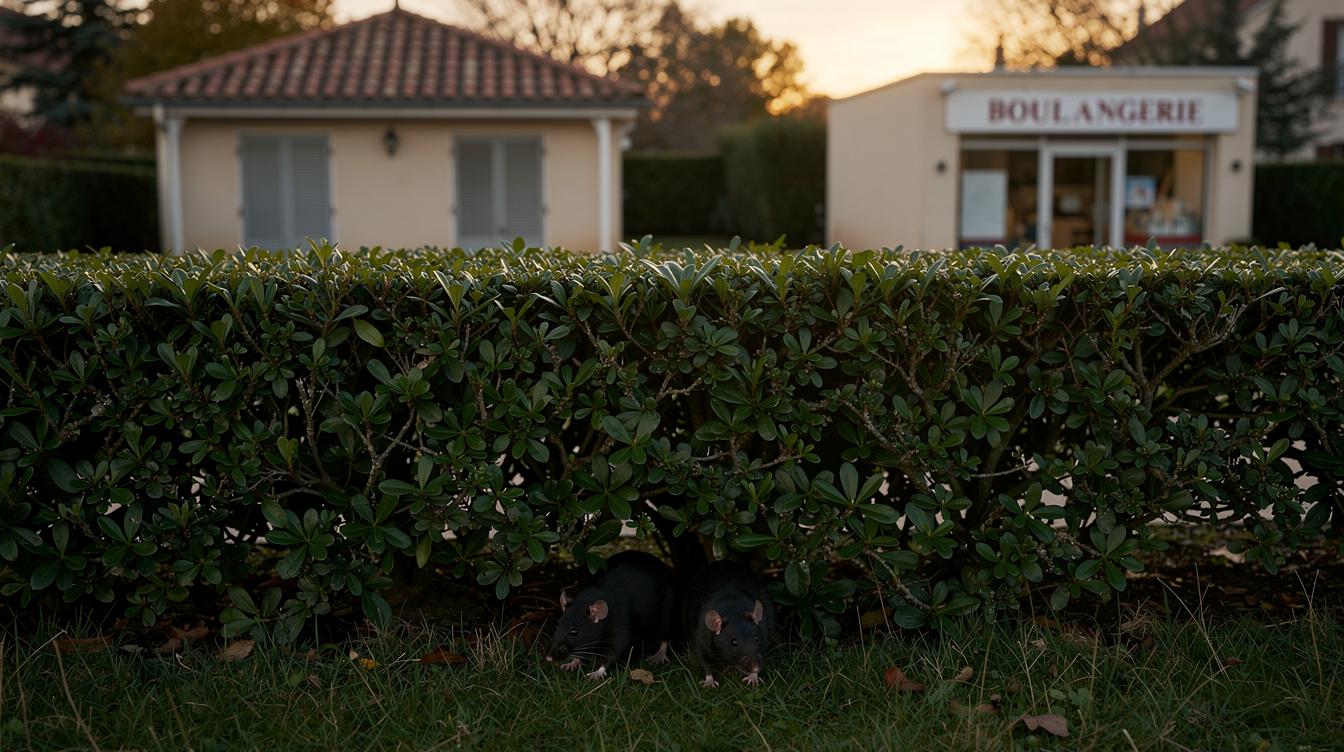Un jardin de banlieue tranquille avec une haie épaisse, derrière laquelle se faufilent discrètement deux rats noirs, pendant qu'au loin, un pavillon et un local commercial semblent calmes.